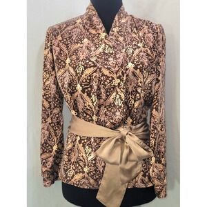 GAP Body Silk Wrap Blouse Top‎ Damask Print Long Sleeve Sash Bronze Taupe Small